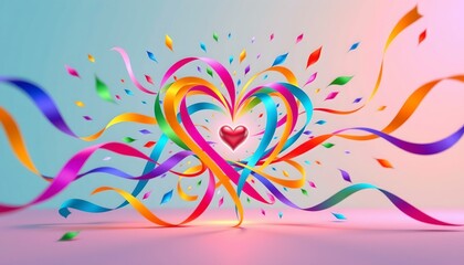 Obraz premium Vibrant Abstract Heart with Colorful Ribbons Soft Pastel Background