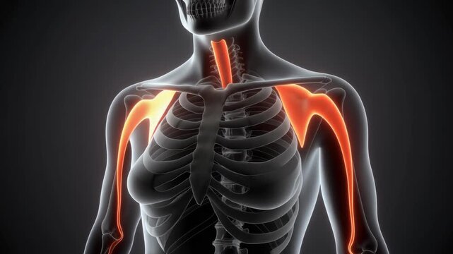 Anatomical 3D Render of Human Skeleton Highlighting the Trachea and Shoulder Girdle.