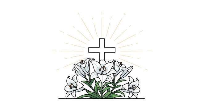 Beautiful Easter vector art showcasing a glowing spiritual cross with pure white lilies, symbolizing resurrection, hope, and new beginnings
