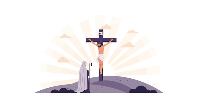 Flat 2D vector poster illustration depicting the solemn scene of the crucifixion on Good Friday, a significant religious event