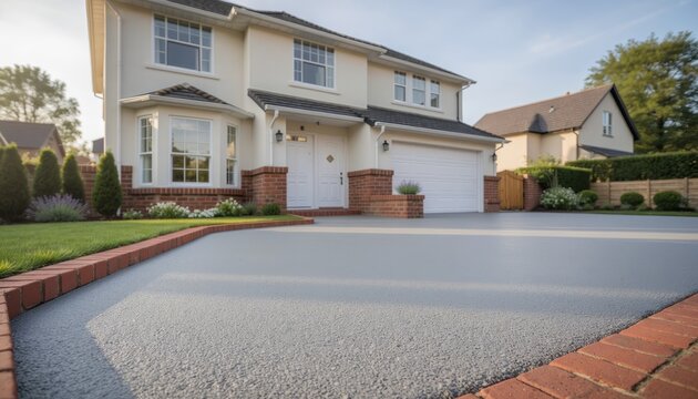 Modern Suburban Home with Expansive Driveway and Manicured Lawn.