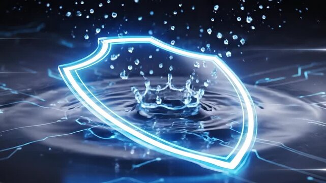 Abstract digital shield graphic with blue glowing outline in cyber space