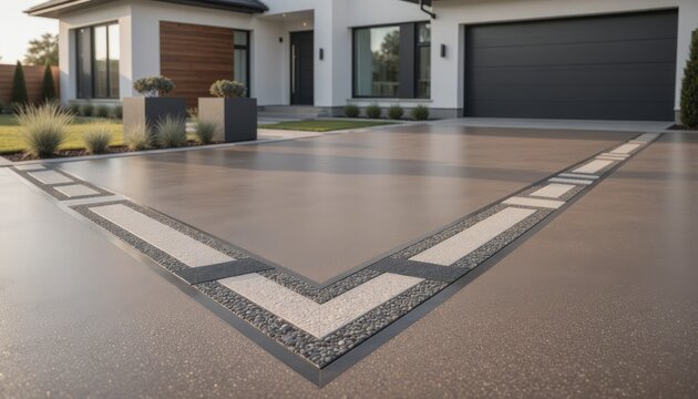 Modern House Driveway with Decorative Concrete Pattern and Landscaping.