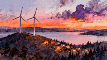 Simple Wind Turbine Clean Energy Village isolated watercolor vector illustration svg © Arun168