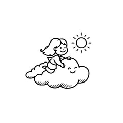 Obraz premium Little girl riding smiling fluffy white cloud under sunny sky with happiness and freedom