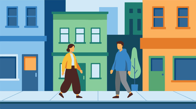 Two people walking on an urban street with colorful buildings in flat design.