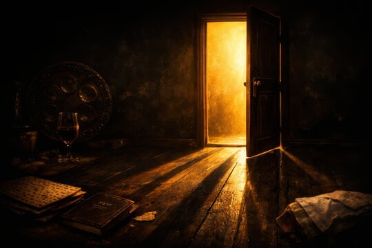 Open door glowing with intense golden light symbolizing freedom hope and Exodus story central to Passover tradition.