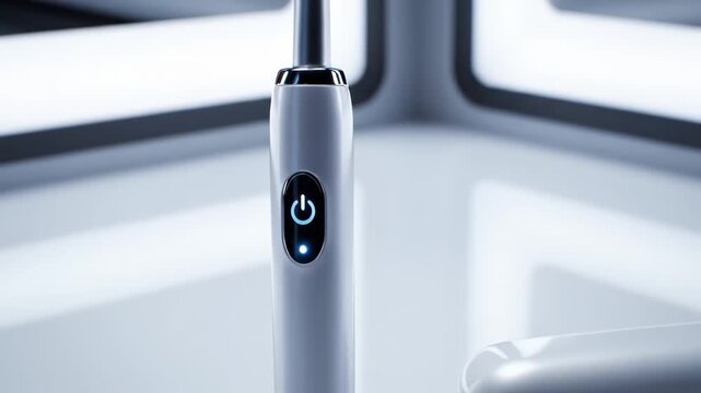 This artistic representation captures a state-of-the-art electric toothbrush displayed against a sleek, futuristic background.
