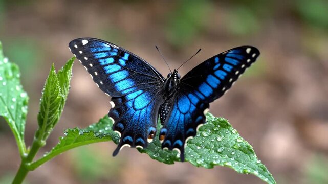Close-up of a vibrant blue butterfly with intricate wing patterns resting on a dew-kissed leaf.