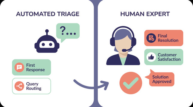 A vector graphic illustrating the process of automated triage and human expert interaction in customer support