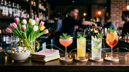 Colorful Easter cocktails arranged on a bar counter with fresh flowers and decorative eggs, showcasing a vibrant atmosphere in a lively bar setting