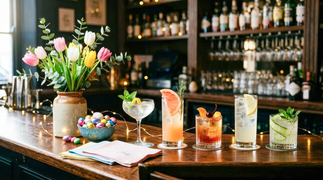 Bar counter displaying colorful Easter cocktails alongside a decorative vase of tulips and a bowl of Easter eggs, with a well-stocked bar in the background