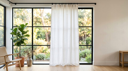 Fototapeta premium Blank curtain panel mockup hanging in a modern interior with large windows, showcasing greenery outside and a minimalist wooden chair and plant in the corner