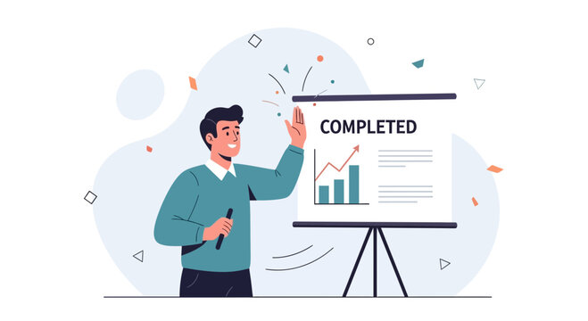 Man presenting a completed project with a growing graph on a whiteboard