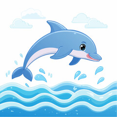 Obraz premium A cheerful cartoon blue dolphin jumping out of the water with a splash, surrounded by wavy lines and clouds on a white background, conveying a sense of freedom and joy.
