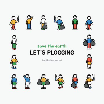 People Plogging and Picking Up Trash Line Illustration Set for Environmental Protection Campaign