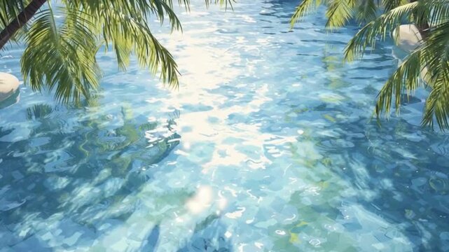 ヤシの葉の影が揺れる南国の海・透明な水面のトロピカル背景動画素材
