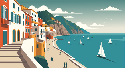 Charming Italian Coastal Town Seaside Vector Illustration with Sailboats on the Water and Colorful Buildings © Purnomo