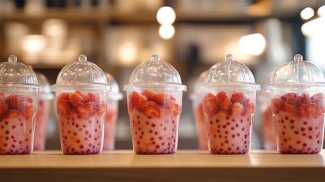Multiple strawberry boba drinks arranged side by side, transparent cups with pink tapioca pearls, dome lids