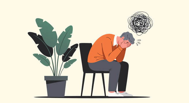 Anxiety vector illustration of a man sitting on a chair, holding his head in distress, with a cloud of confused thoughts above him