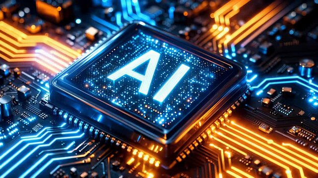 Futuristic artificial intelligence processor glowing on a high-tech circuit board. Concept of advanced computing power, machine learning, neural networks, and next-generation digital innovation.