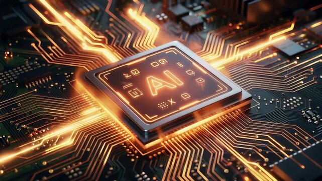 Futuristic artificial intelligence processor glowing on a high-tech circuit board. Concept of advanced computing power, machine learning, neural networks, and next-generation digital innovation.