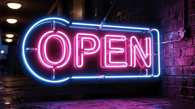 Neon Open sign with flicker 4k video on dark brick wall