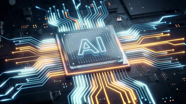 Futuristic artificial intelligence processor glowing on a high-tech circuit board. Concept of advanced computing power, machine learning, neural networks, and next-generation digital innovation.