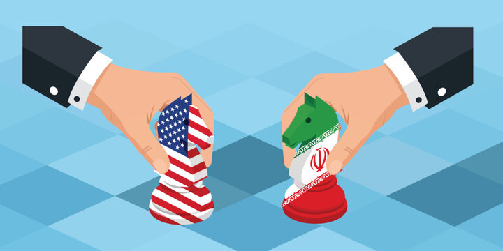 Hands Holding Chess Knight Pieces with United States and Iran Flags for Geopolitical Strategy Concept
