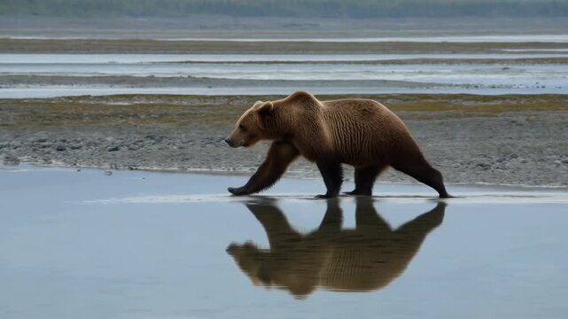 Quiet Shoreline Revealed By Lone Brown Bear. Solitary Brown Bear Roams Tranquil Estuary Waters At Dusk