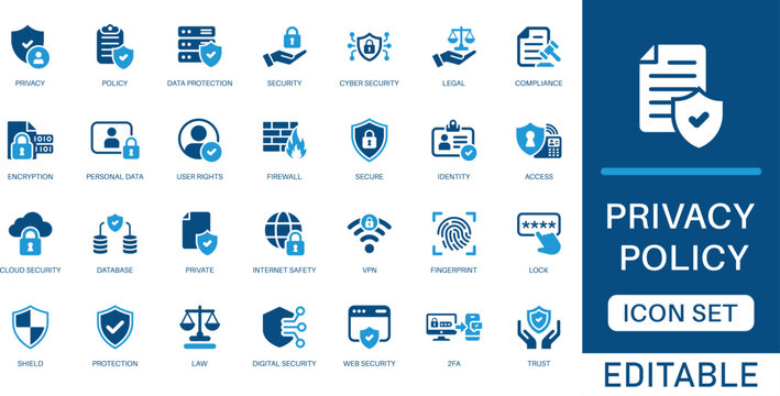 Privacy policy icon set. featuring data protection, GDPR compliance, cybersecurity, and encryption elements in blue flat style for professional web and mobile app security.
