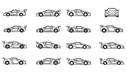 A set of minimalist racing car illustrations in black and white