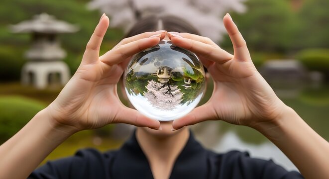 Woman Holding Crystal Ball with Japanese Garden View