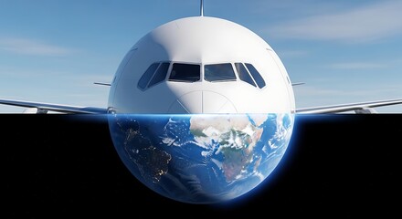 Fototapeta premium Conceptual Airplane Merging with Earth Globe in Clear Sky