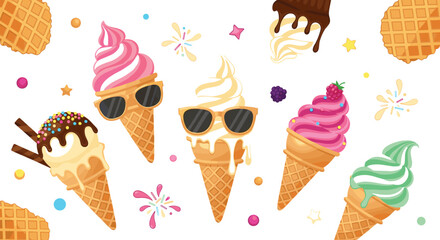 Cute colorful ice cream cone collection with sunglasses sprinkles chocolate berry soft serve sweet summer dessert illustration set © MstLinaAkter