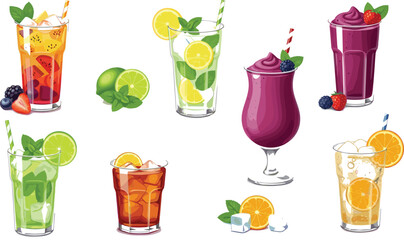 Fresh fruit juice and smoothie drink collection with lemonade citrus berry cocktail refreshing summer beverage illustration set © MstLinaAkter