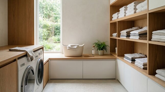 Bright minimalist laundry area with wooden shelving units filled with folded linens and side-by-side front-loading washers, interior design, tidy living, household management.