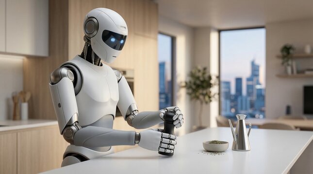 A sleek humanoid robot uses a black pepper grinder while preparing food in a modern kitchen, artificial intelligence, future lifestyle, automated home, robotic cooking.
