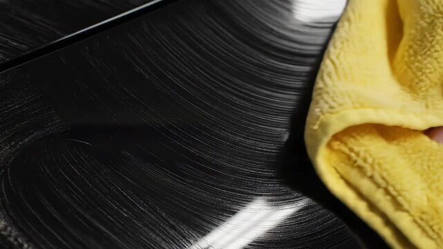 Fingers delicately hold a bright yellow cloth, skillfully polishing away dust and grime from a smooth, dark surface. The transformation captivates with its shine and clarity, a testament to care.
