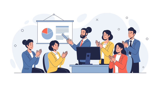 Business meeting success, team clapping for presentation success, teamwork and achievement