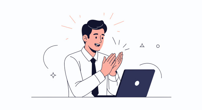 Excited businessman clapping hands in front of laptop, celebrating success, online achievement