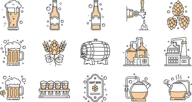 Craft beer brewing line icon set with beer mug bottle hops barrel brewery equipment and alcohol beverage illustration