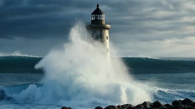 Dramatic waves crash against a weathered lighthouse on a stormy day at sea