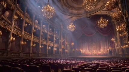 Obraz premium Historic theater interior with illuminated stage and balconies, cultural performance venue concept, classic architecture.