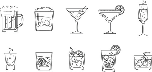 Cocktail and alcohol drink line icon set with beer martini margarita whiskey glass citrus garnish bar beverage illustration