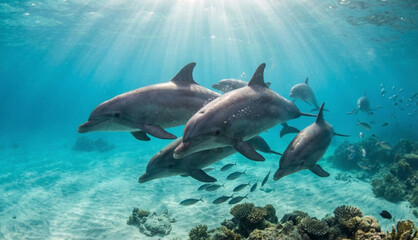 Fototapeta premium Dolphins Swimming Together Underwater with Sunlight Beams