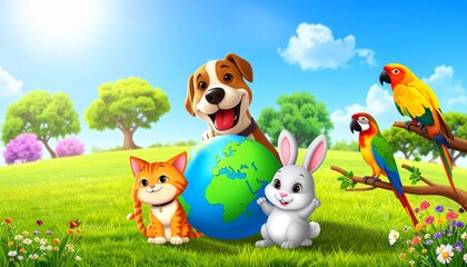 Playful animals surrounding globe with Africa visible, bright outdoor scene, blue sky, fluffy clouds, trees, flowers, joyful atmosphere symbolizing global unity, nature, and environmental harmony.
