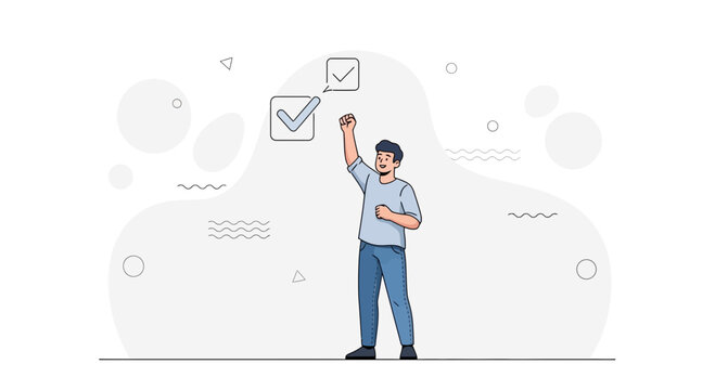 Man celebrating success with checkmark, concept of achievement and task completion