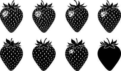 Strawberry silhouettes vector illustration set, fresh fruit icons collection in black and white style, organic berry designs isolated for food packaging branding © Sarsoti