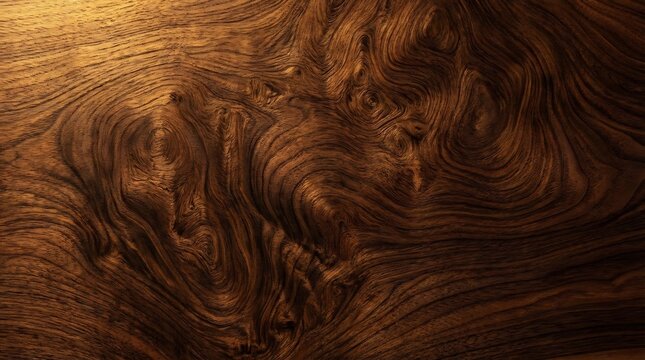 Close up of rich dark brown wood grain texture with swirling patterns and warm lighting.